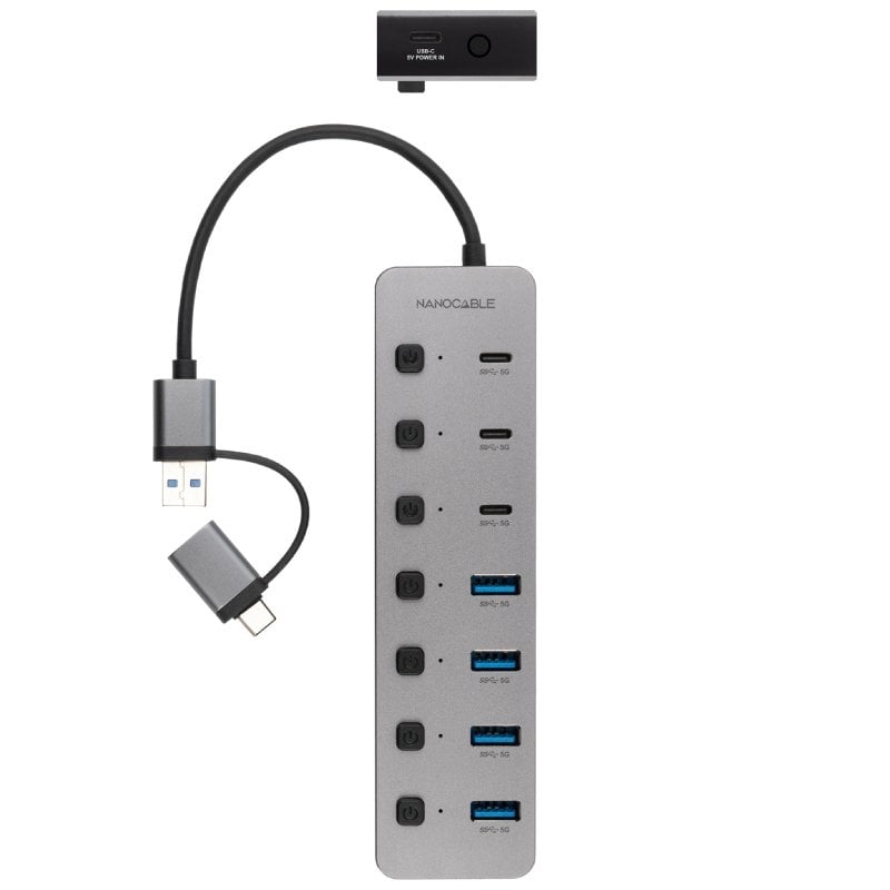 Hub USB + USB Tipo-C Nanocable 10.16.4510/ 4xUSB/ 3xUSB Tipo-C/ 1xUSB Tipo-C PD/ Gris