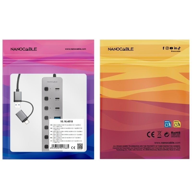 Hub USB + USB Tipo-C Nanocable 10.16.4510/ 4xUSB/ 3xUSB Tipo-C/ 1xUSB Tipo-C PD/ Gris