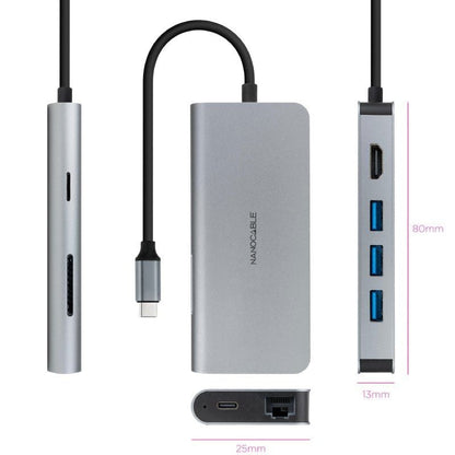 Docking Tipo-C Nanocable 10.16.4609/ 3xUSB/ 1xHDMI 4K/ 1xRJ45/ 1xLeitor de cartões/ 1xUSB Tipo-C PD/ Cinzento
