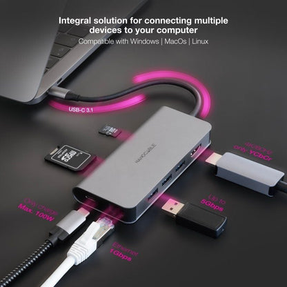 Docking Tipo-C Nanocable 10.16.4609/ 3xUSB/ 1xHDMI 4K/ 1xRJ45/ 1xLeitor de cartões/ 1xUSB Tipo-C PD/ Cinzento
