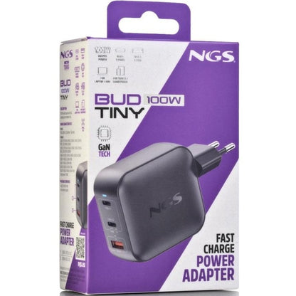 Carregador de Parede GaN NGS BUD100WTINY 100W/ 2xUSB Tipo-C/ 1xUSB/ 100W