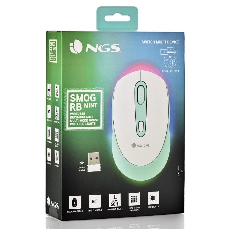 Rato Sem Fios NGS Smog Mint-RB/ Bateria recarregável/ Até 2400 DPI/ Verde Menta