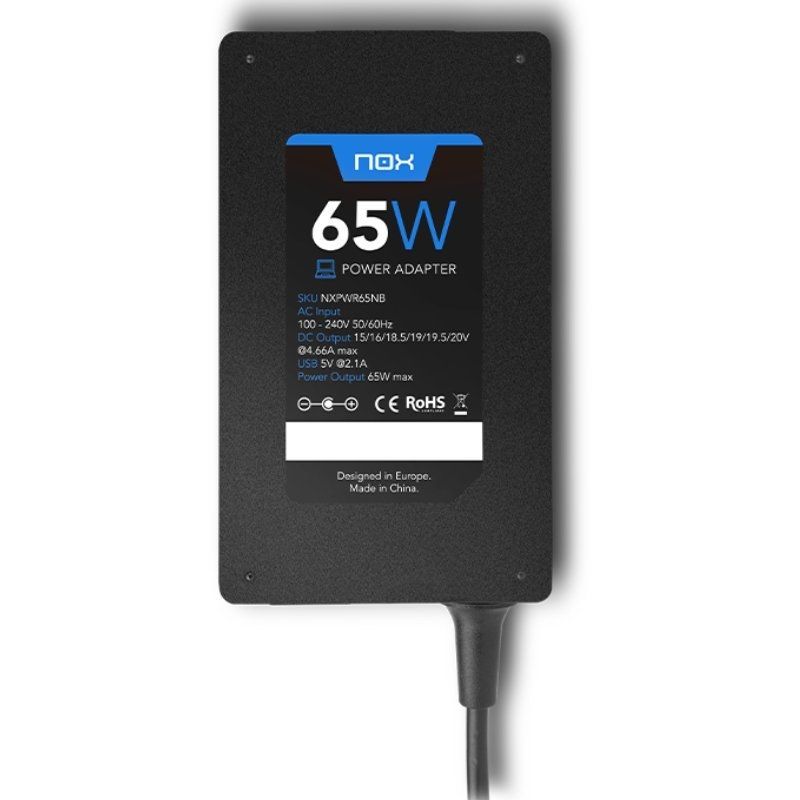 Cargador de Portátil Nox 65W/ 65W/ 1xUSB/ Automático/ 10 Conectores/ Voltaje 15-20V