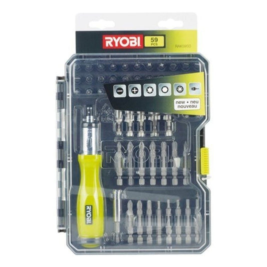 Estojo de 59 Pontas para Aparafusar Ryobi RAK59SD / Inclui Chave de Parafusos