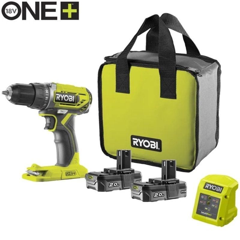 Berbequim Aparafusador Sem Fios Ryobi ONE+ R18DD2-220S/ 2 baterias 18V 2,0 Ah/ Carregador 1,5 A/ Saco de Transporte
