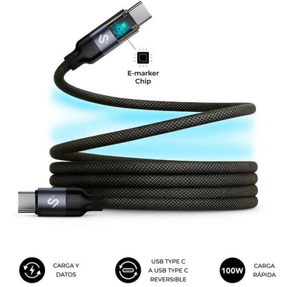 Cable USB 2.0 Tipo-C Subblim PowerMag Led/ USB Tipo-C Macho - USB Tipo-C Macho/ Hasta 100W/ 480Mbps/ 2m/ Negro