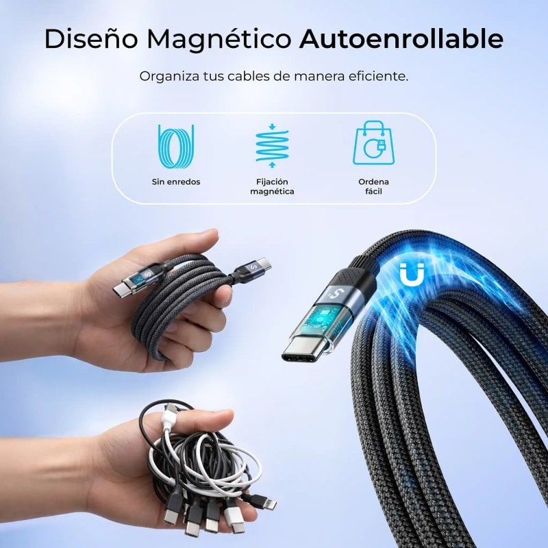 Cable USB 2.0 Tipo-C Subblim PowerMag Led/ USB Tipo-C Macho - USB Tipo-C Macho/ Hasta 100W/ 480Mbps/ 2m/ Negro
