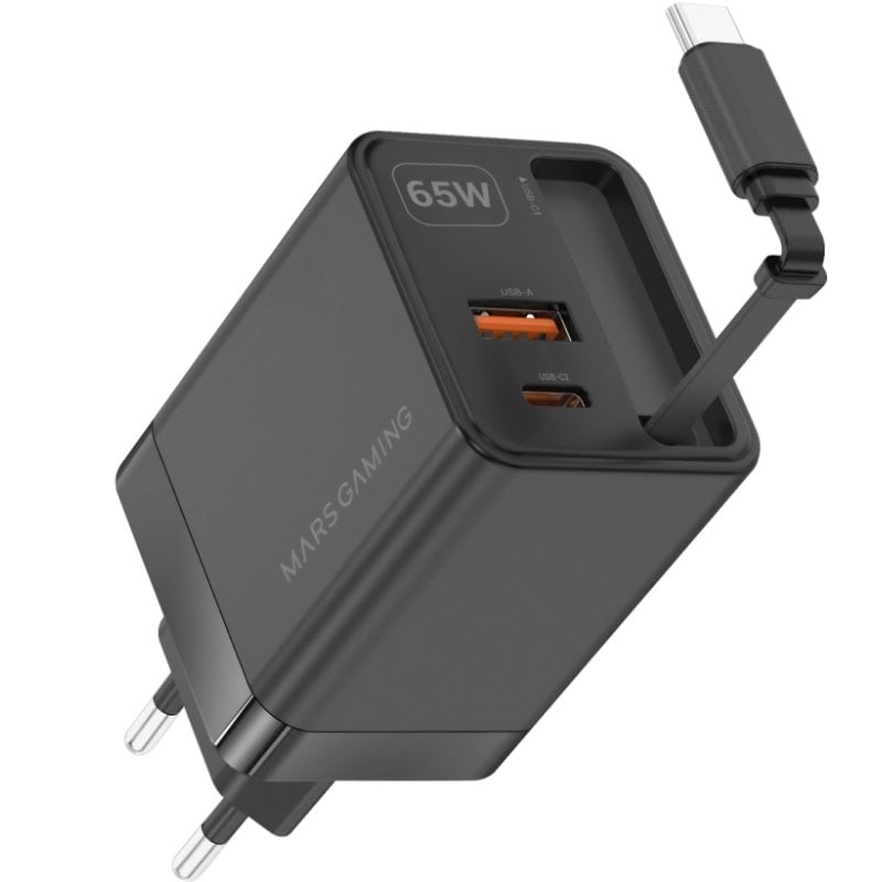 Carregador de Parede GaN Mars Gaming MD-GAN65R/ 1xUSB Tipo-C/ 1xUSB/ 65W/ Preto