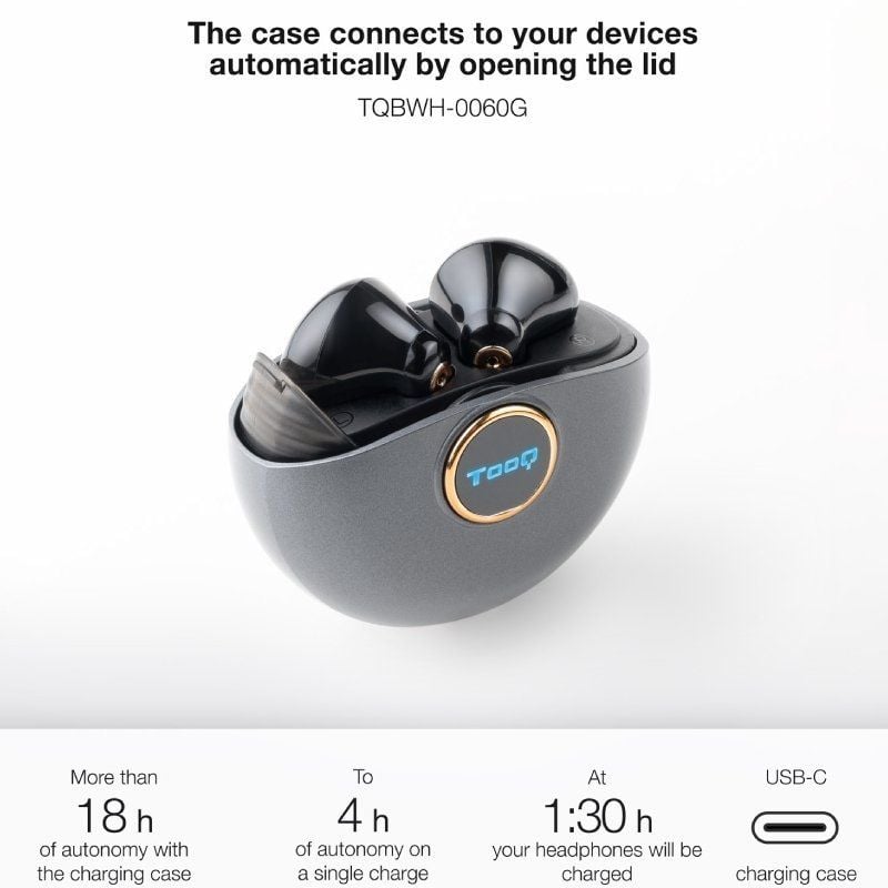 Auscultadores Bluetooth TooQ Snail TQBWH-0060G com estojo de carregamento/ Autonomia 4h/ Cinzentos e Pretos