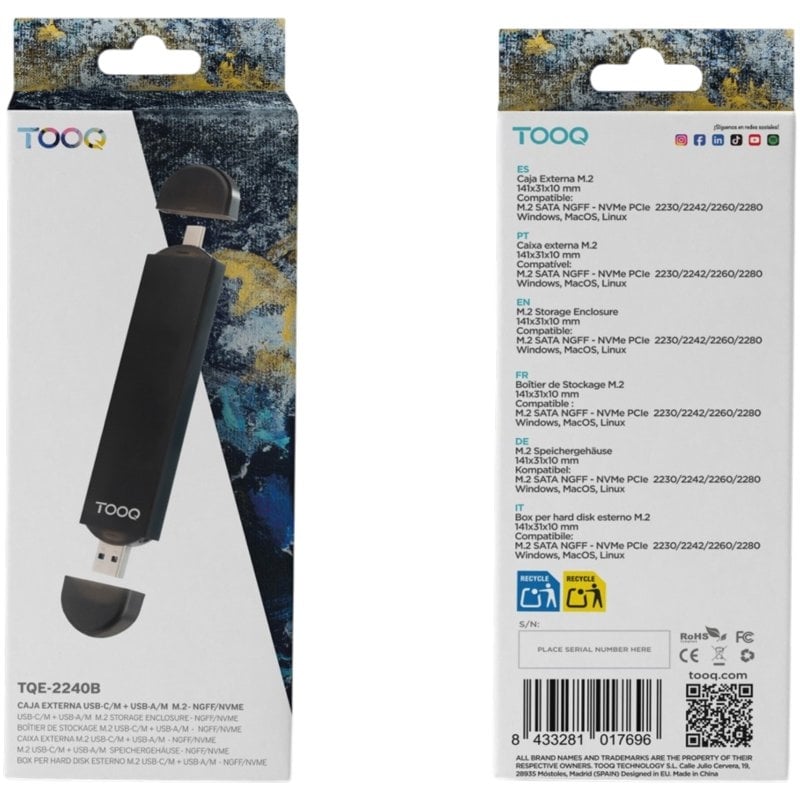 Caja Externa para Disco SSD M.2 NVMe TooQ TQE-2240B/ USB 3.0/ USB Tipo-C 3.2 Gen2
