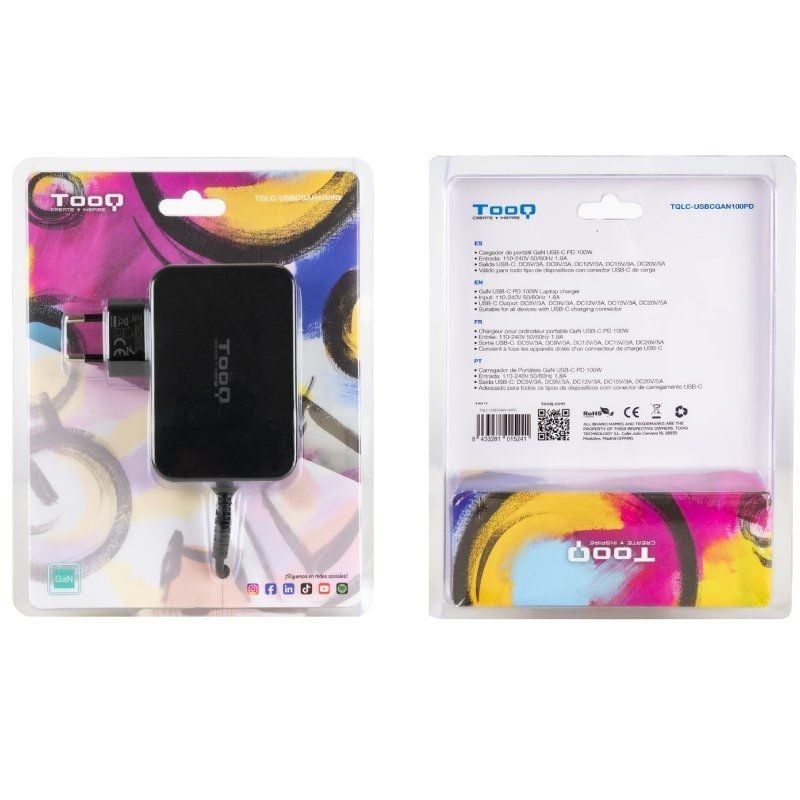 Carregador de Portátil GaN TooQ TQLC-USBCGAN100PD USB Tipo-C/ 100W/ Automático/ Voltagem 5-20V