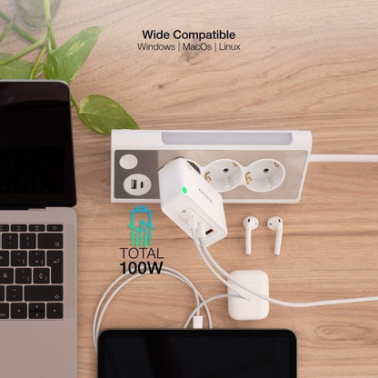 Cargador de Pared GaN TooQ TQWC-GANQC2PD100W/ 2xUSB Tipo-C/ 1xUSB/ 100W