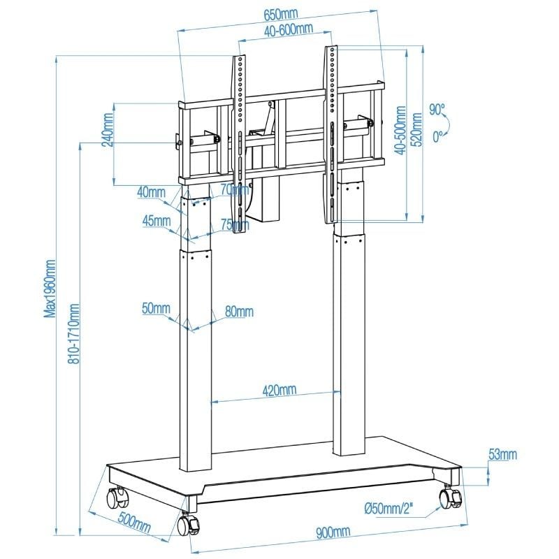 Soporte de Suelo Eléctrico/ Inclinable/ Ajustable con Ruedas TooQ UROS FSM03-B para TV 52-84"/ hasta 100kg