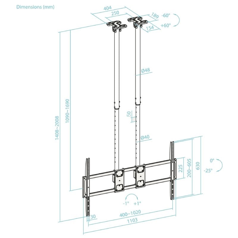 Soporte de Techo Extensible/ Inclinable TooQ LPCE11120TSLI-B para TV de 60-120"/ hasta 120kg