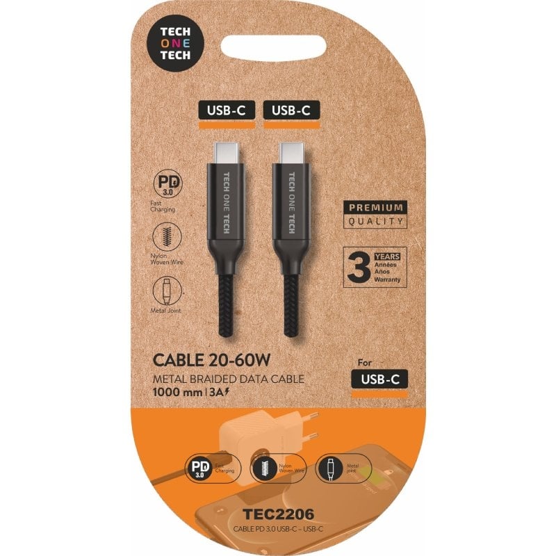 Cabo USB 2.0 Tipo-C Tech One Tech TEC2206/ USB Tipo-C Macho - USB Tipo-C Macho/ Até 60W/ 480Mbps/ 1m/ Preto