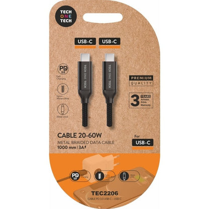 Cabo USB 2.0 Tipo-C Tech One Tech TEC2206/ USB Tipo-C Macho - USB Tipo-C Macho/ Até 60W/ 480Mbps/ 1m/ Preto