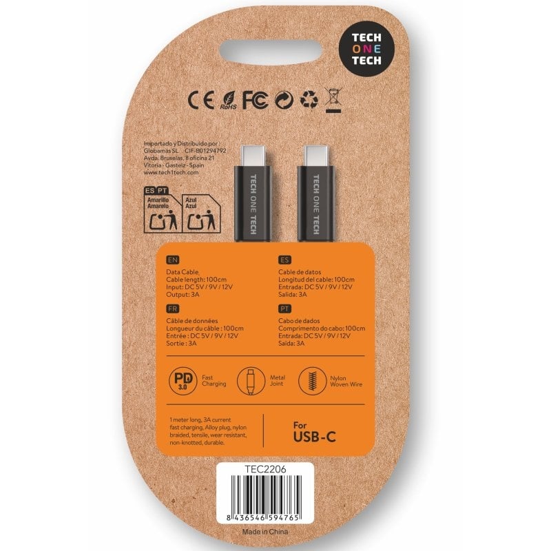 Cabo USB 2.0 Tipo-C Tech One Tech TEC2206/ USB Tipo-C Macho - USB Tipo-C Macho/ Até 60W/ 480Mbps/ 1m/ Preto