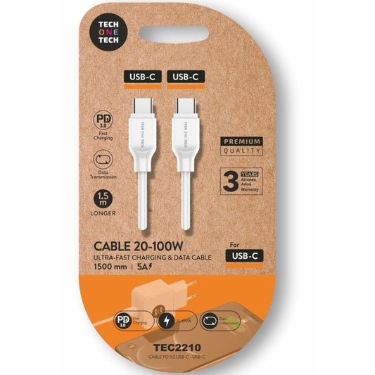 Cabo USB 2.0 Tipo-C Tech One Tech TEC2210/ USB Tipo-C Macho - USB Tipo-C Macho/ Até 100W/ 480Mbps/ 1.5m/ Branco