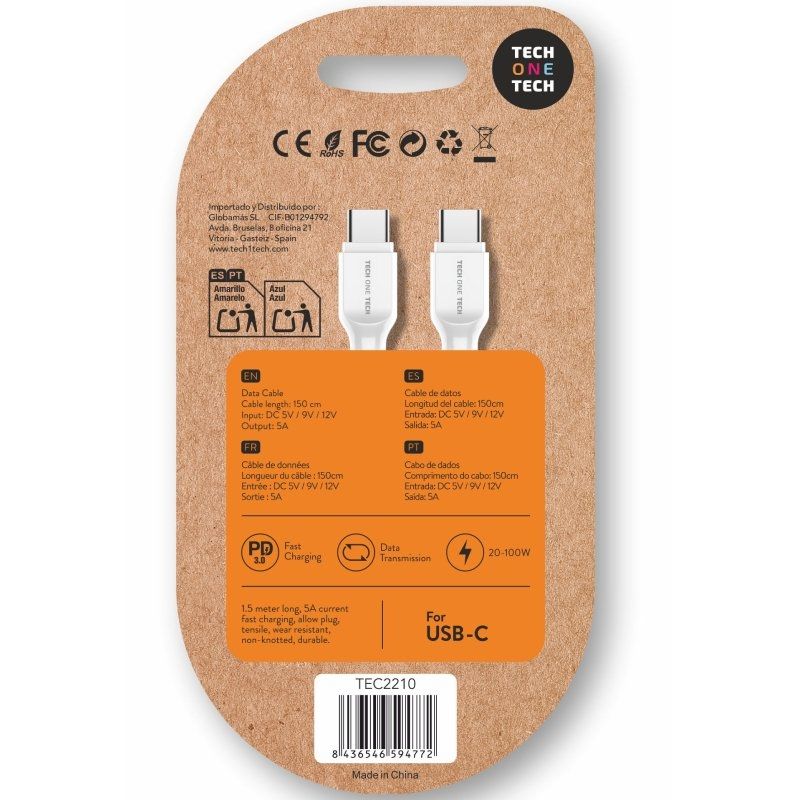 Cable USB 2.0 Tipo-C Tech One Tech TEC2210/ USB Tipo-C Macho - USB Tipo-C Macho/ Hasta 100W/ 480Mbps/ 1.5m/ Blanco