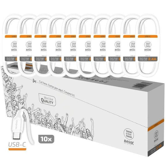 Pack 10 Cabos USB 2.0 Tech One Tech Basik TEC2953/ USB Macho - USB Tipo-C Macho/ 1m/ Branco