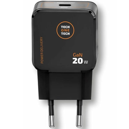 Cargador de Pared GaN Tech One Tech TEC2223/ 1xUSB Tipo-C + Cable USB Tipo-C/ 20W/ Negro