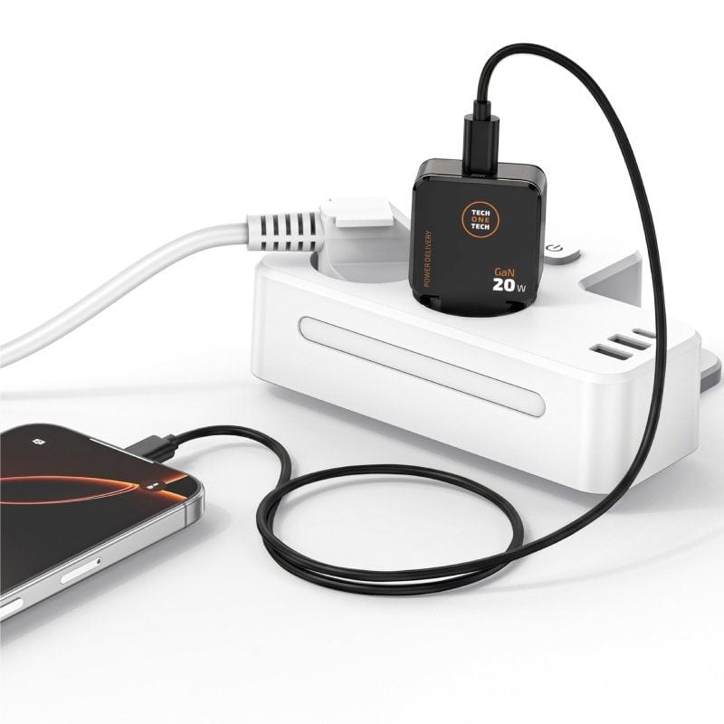 Cargador de Pared GaN Tech One Tech TEC2223/ 1xUSB Tipo-C + Cable USB Tipo-C/ 20W/ Negro