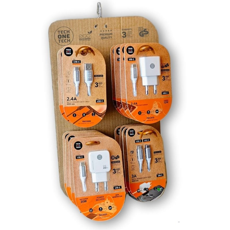 Expositor de Carregadores GaN e Cabos Tech One Tech EKO 400801/ 4 ganchos/ Inclui 16 Produtos
