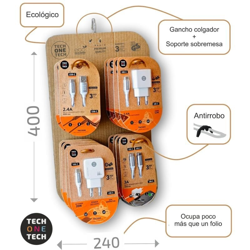 Expositor de Carregadores GaN e Cabos Tech One Tech EKO 400801/ 4 ganchos/ Inclui 16 Produtos