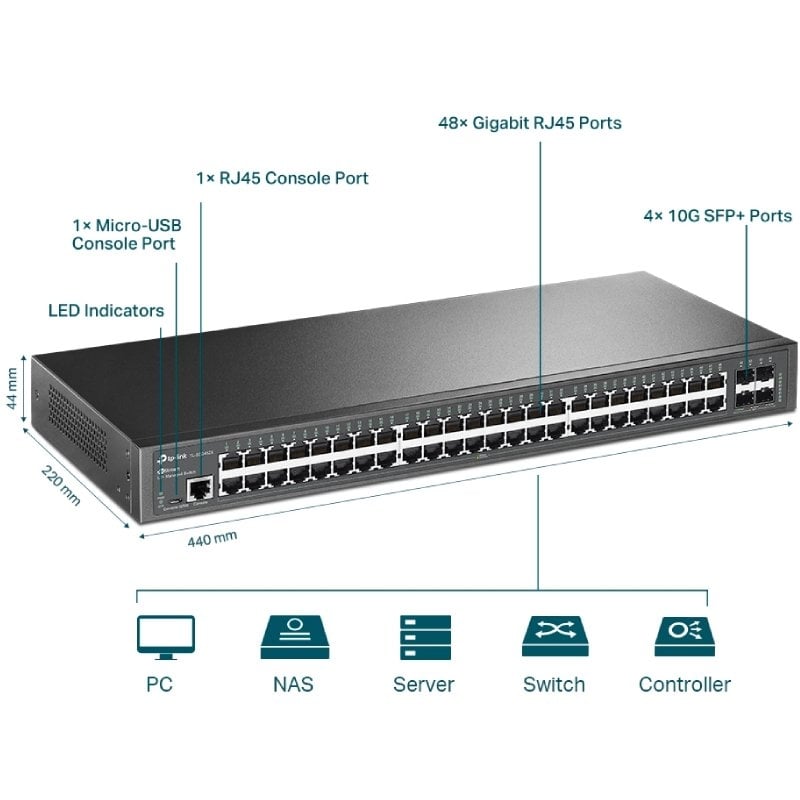 Switch Gerenciável TP-Link Omada JetStream TL-SG3452X 52 Portas/ RJ-45 10/100/1000/ SFP+ 10GBE