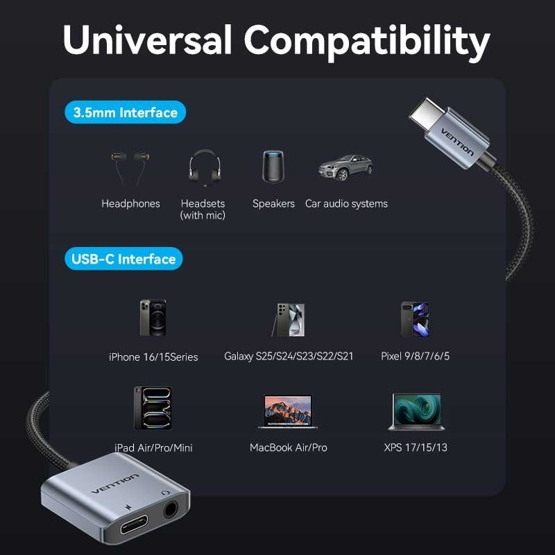 Adaptador Audio Vention BIGHA/ USB Tipo-C Macho - Jack 3.5 Hembra/ USB Tipo-C PD Hembra/ Gris