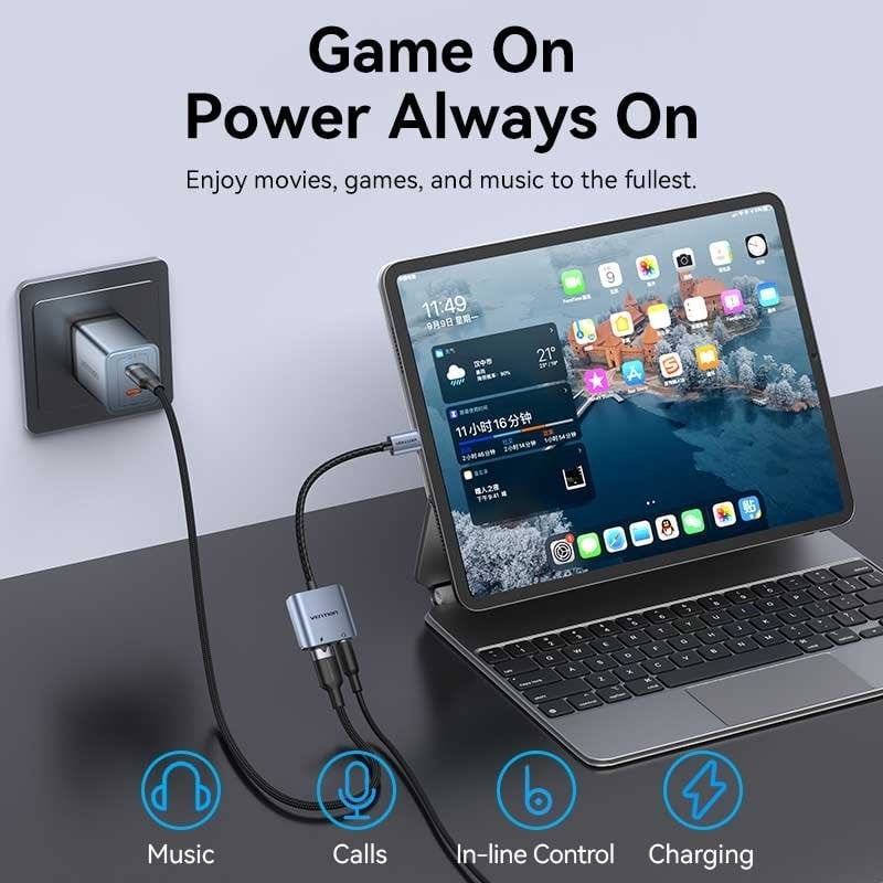 Adaptador Audio Vention BIGHA/ USB Tipo-C Macho - Jack 3.5 Hembra/ USB Tipo-C PD Hembra/ Gris