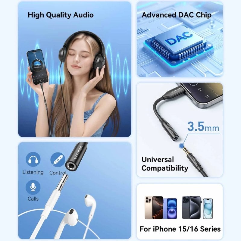 Adaptador de Áudio Vention BIIBA/ Jack 3.5 Fêmea - USB Tipo-C Macho/ 10cm/ Preto