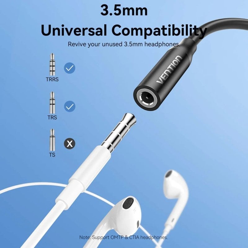 Adaptador de Áudio Vention BIIBA/ Jack 3.5 Fêmea - USB Tipo-C Macho/ 10cm/ Preto