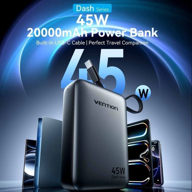 Powerbank 20000mAh Vention FHGH0/ 45W/ Cinzento/ Inclui Cabo USB Tipo-C