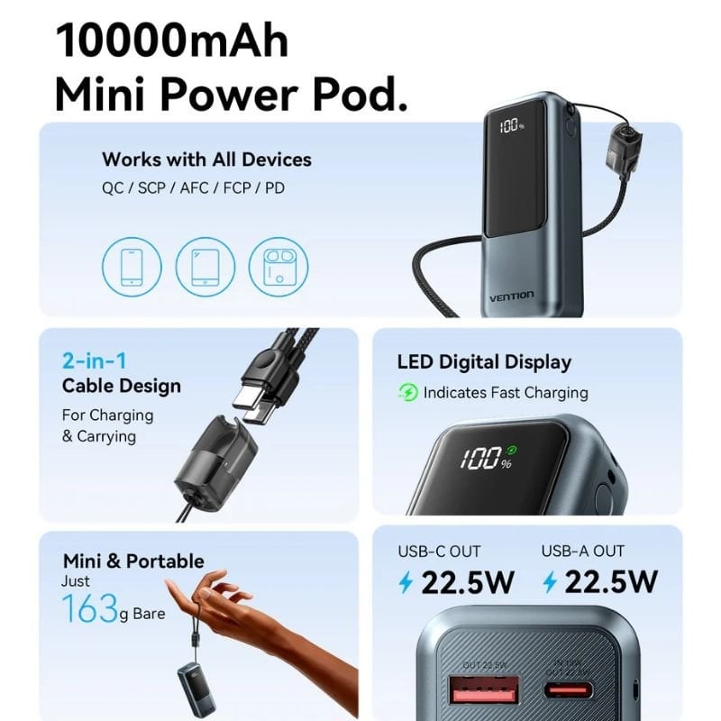 Powerbank 10000mAh Vention FKOH0/ 22.5W/ Cinzento
