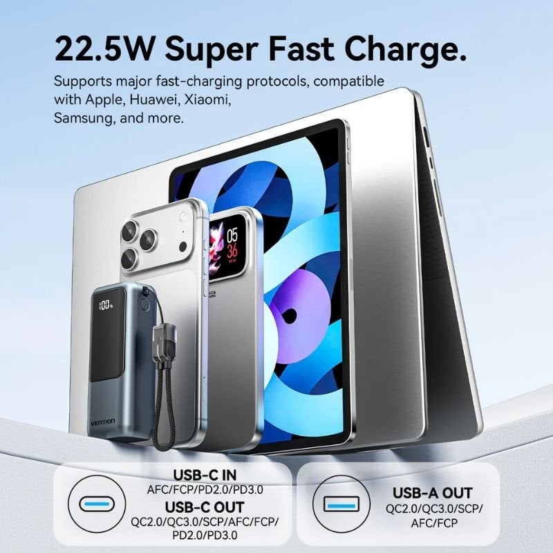 Powerbank 10000mAh Vention FKOH0/ 22.5W/ Cinzento