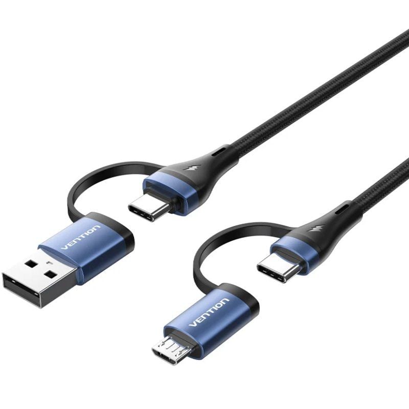 Cabo USB 2.0 Tipo-C Vention CTLLF/ USB Tipo-C Macho - USB Macho/ MicroUSB Macho - USB Tipo-C Macho/ Até 100W/ 480Mbps/ 1m/ Preto e Azul