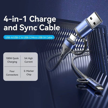 Cabo USB 2.0 Tipo-C Vention CTLLF/ USB Tipo-C Macho - USB Macho/ MicroUSB Macho - USB Tipo-C Macho/ Até 100W/ 480Mbps/ 1m/ Preto e Azul