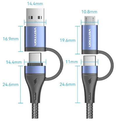 Cabo USB 2.0 Tipo-C Vention CTLLF/ USB Tipo-C Macho - USB Macho/ MicroUSB Macho - USB Tipo-C Macho/ Até 100W/ 480Mbps/ 1m/ Preto e Azul