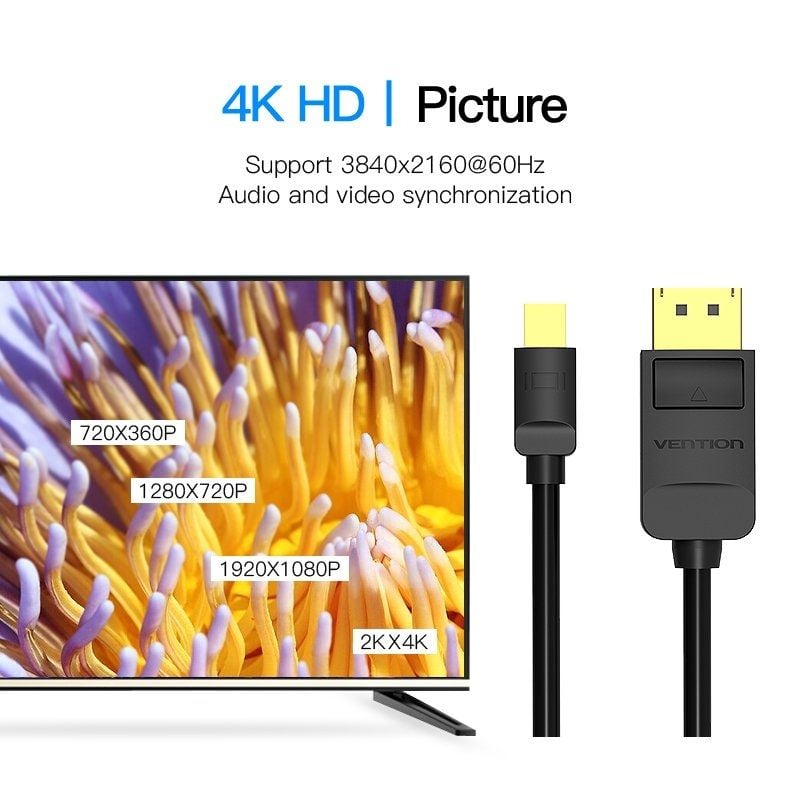 Cabo DisplayPort Vention HAABI/ Mini DisplayPort Macho - DisplayPort Macho/ 3m/ Preto