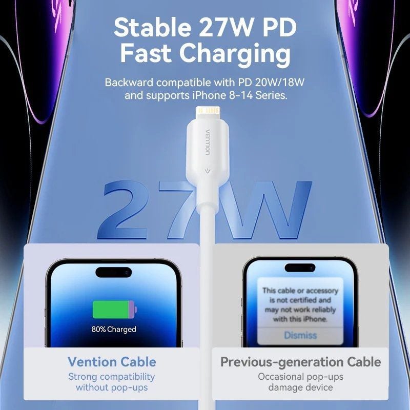 Cabo USB 2.0 Tipo-C Lightning Vention LAKPH/ USB Tipo-C Macho - Lightning Macho/ Até 27W/ 480Mbps/ 2m/ Rosa