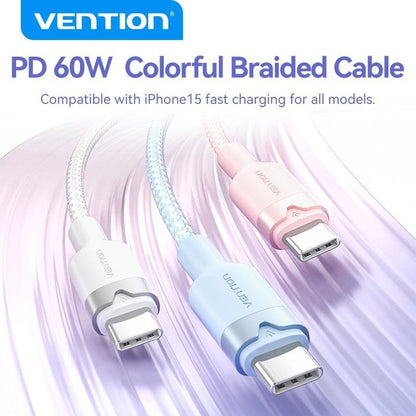 Cabo USB 2.0 Tipo-C 3A Vention TRDWH/ USB Tipo-C Macho - USB Tipo-C Macho/ Até 60W/ 480Mbps/ 2m/ Branco