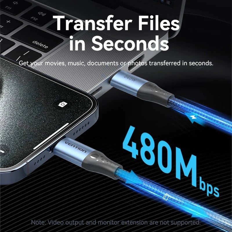 Cable USB 2.0 Tipo-C 5A Vention TREBD/ USB Tipo-C Macho - USB Tipo-C Macho/ Hasta 240W/ 480Mbps/ 50cm/ Azul y Negro