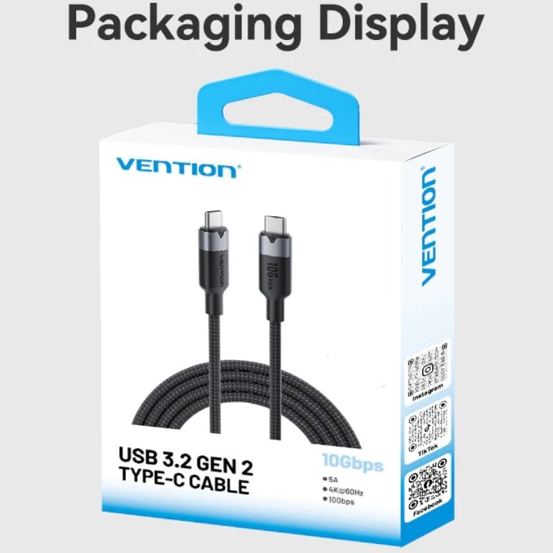Cabo USB 3.2 Tipo-C 5A Vention TRGWD/ USB Tipo-C Macho - USB Tipo-C Macho/ Até 100W/ 10Gbps/ 50cm/ Branco