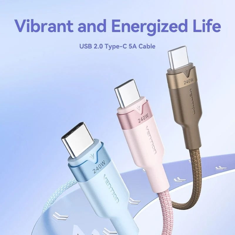 Cabo USB Tipo-C 2.0 5A Vention TRIWH/ USB Tipo-C Macho - USB Tipo-C Macho/ Até 240W/ 480Mbps/ 2m/ Branco