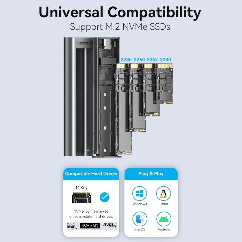 Caixa Externa para Disco SSD M.2 NVMe Vention KPKH0/ USB Tipo-C 3.1/ Sem parafusos