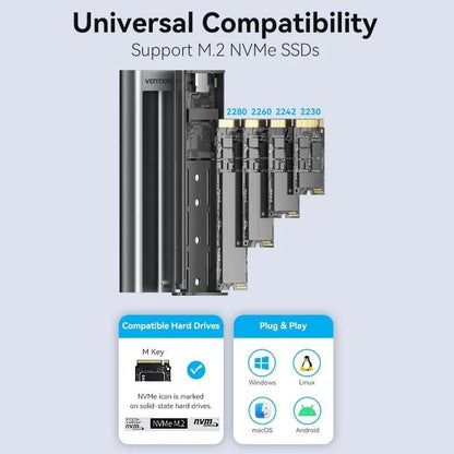 Caixa Externa para Disco SSD M.2 NVMe Vention KPKH0/ USB Tipo-C 3.1/ Sem parafusos