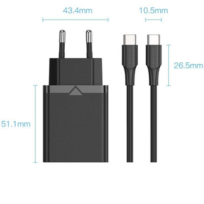 Cargador de Pared Vention FAHWF-EU/ 1xUSB Tipo-C + 2x Cable USB Tipo-C/ 25W