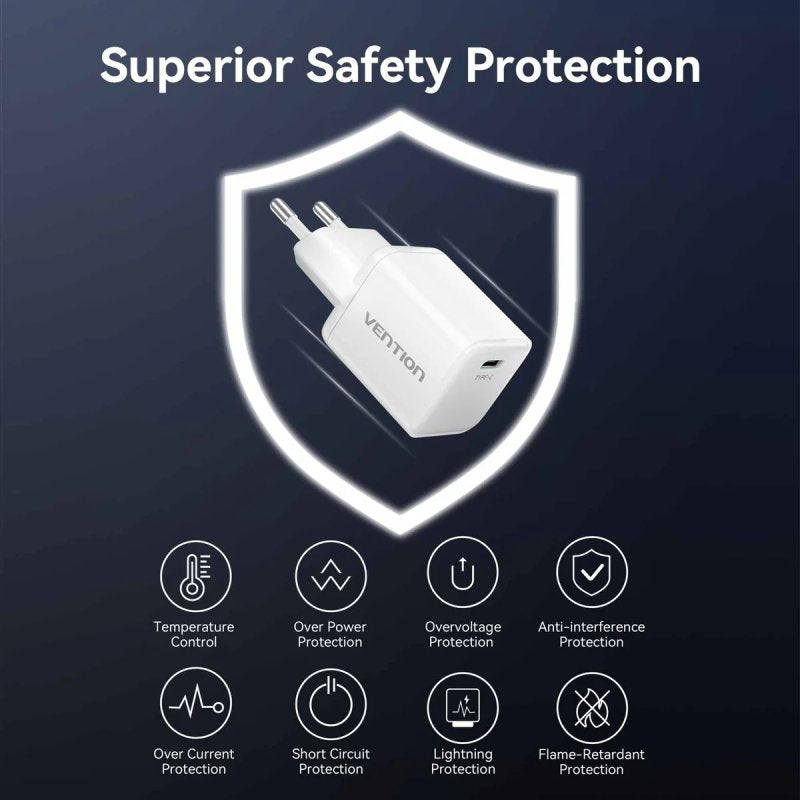 Carregador de Parede GaN Vention FCIW0-EU/ 1xUSB Tipo-C/ 30W