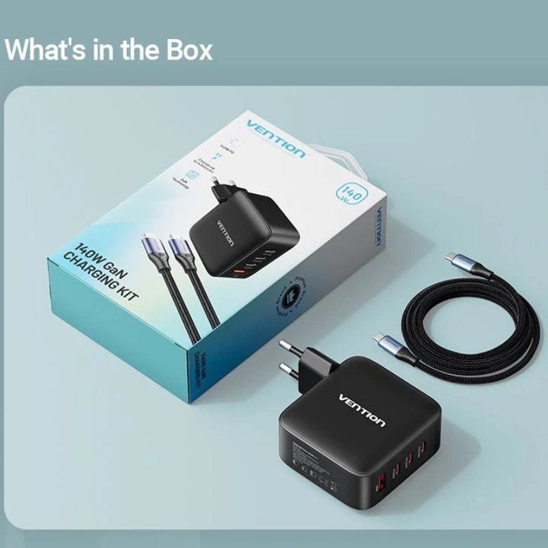 Cargador de Pared GaN Vention FEIB0-EU/ 3xUSB Tipo-C + Cable USB Tipo-C/ 1xUSB/ 140W